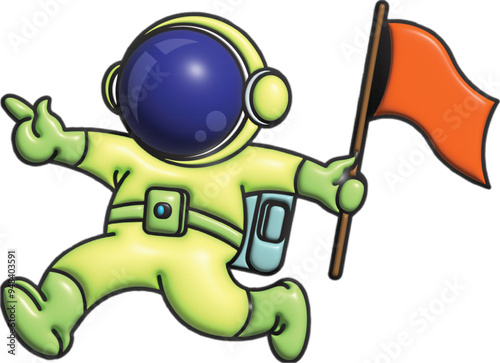 Cheerful astronaut cartoon wearing a yellow space suit with a blue belt and pouch, and a helmet with a shiny blue visor.