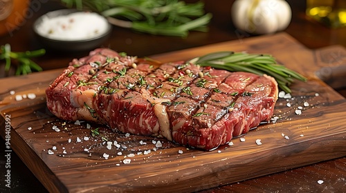 Close-up of a raw porterhouse steak on a wooden wooden board, garnished with a mix of herbs, garlic bulbs, and olive oil drizzles, side lighting highlighting the marbling and textures,