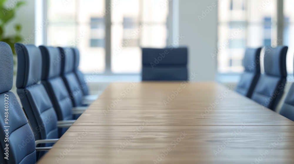 Modern conference room with long wooden table and blue office chairs, ready for meeting or business discussion in bright, professional setting. Modern conference room with long wooden table and blue office chairs, ready for meeting or business discussion in bright, professional setting.