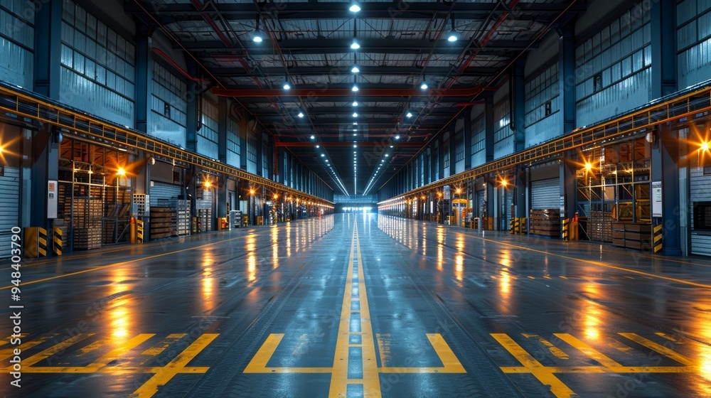 Fototapeta premium Spacious industrial warehouse with bright overhead lights and clear reflections on the polished floor in the evening