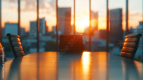 Wallpaper Mural Sunlit modern conference room with city skyline in the background, featuring a large table and office chairs, perfect for business meetings. Torontodigital.ca