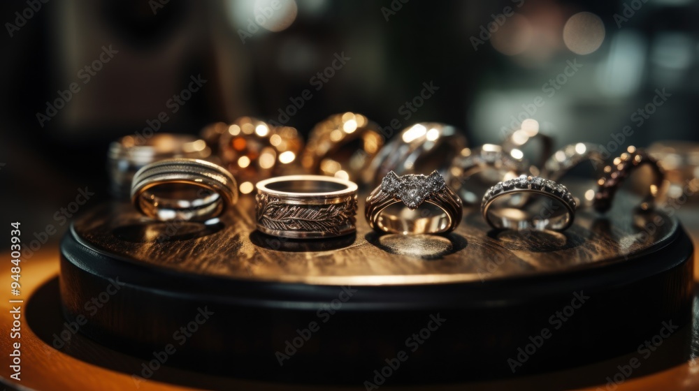 Close-up of Various Rings Displayed on a Wooden Stand Close-up of Various Rings Displayed on a Wooden Stand