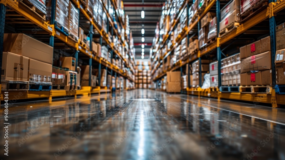 Fototapeta premium Aisles of neatly stacked boxes in a large warehouse during bright daylight hours