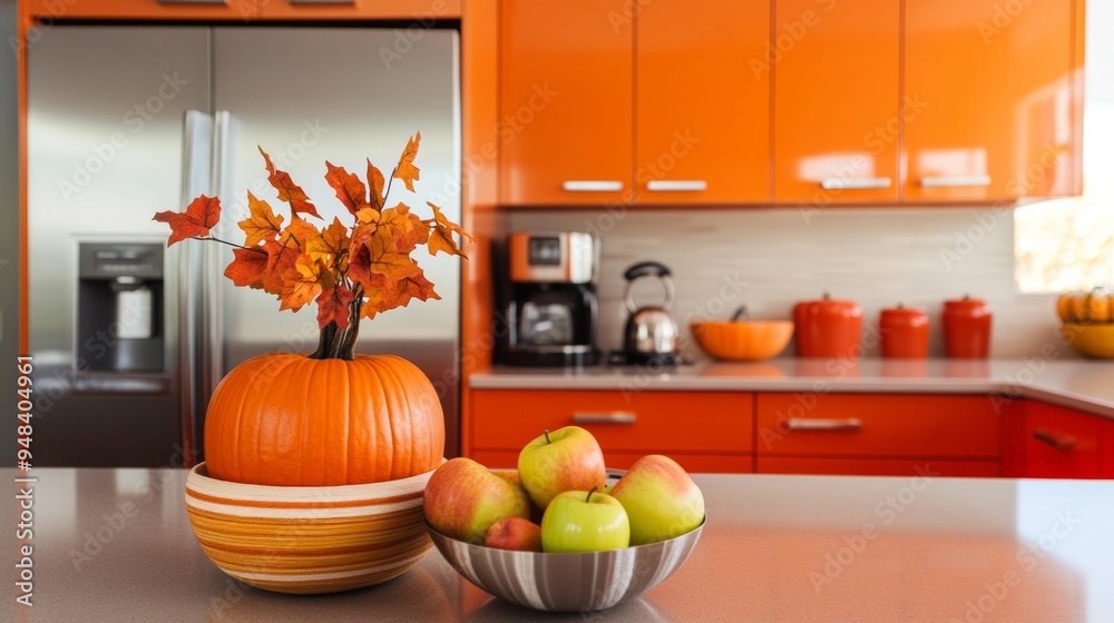 A kitchen with a pumpkin and apples on the counter A kitchen with a pumpkin and apples on the counter