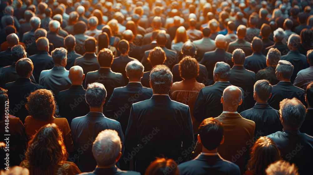Obraz premium Large crowd of people, businessmen, rear view, sitting at a collective event, meeting. The image conveys unity, solemnity and collective purpose.