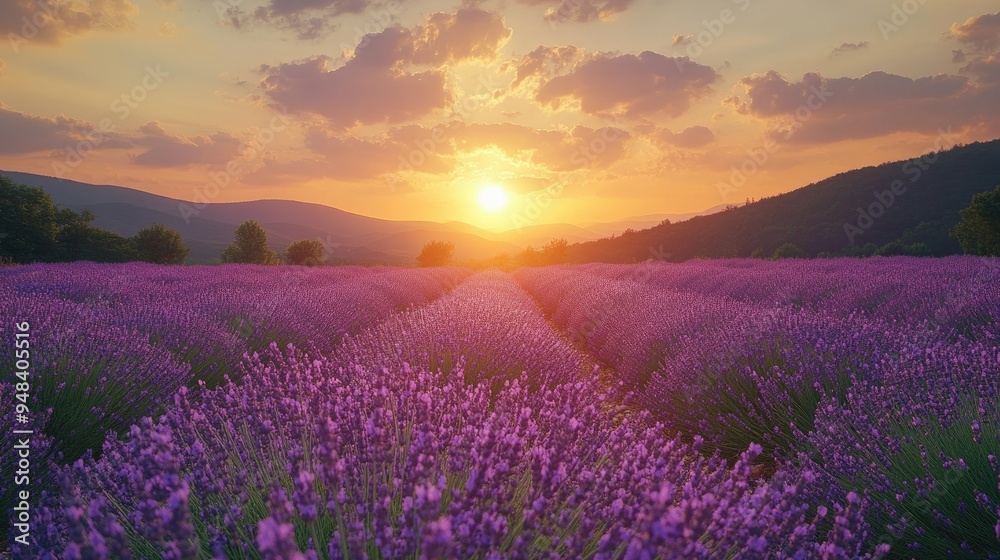 Fototapeta premium Soothing lavender fields at golden hour