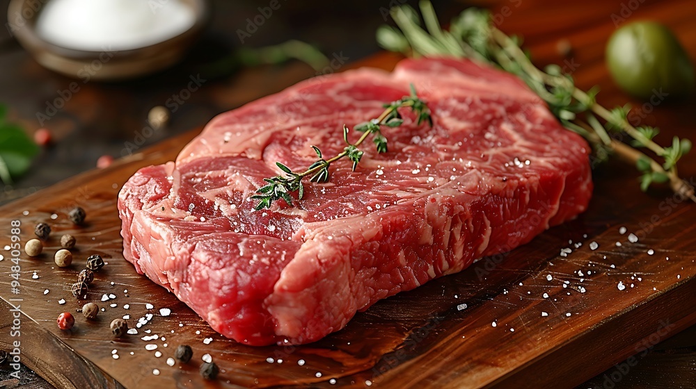 Close-up of a raw T-bone steak with visible marbling on a wooden wooden board, fresh thyme, sea salt, and peppercorns arranged artfully, side lighting, deep shadows,