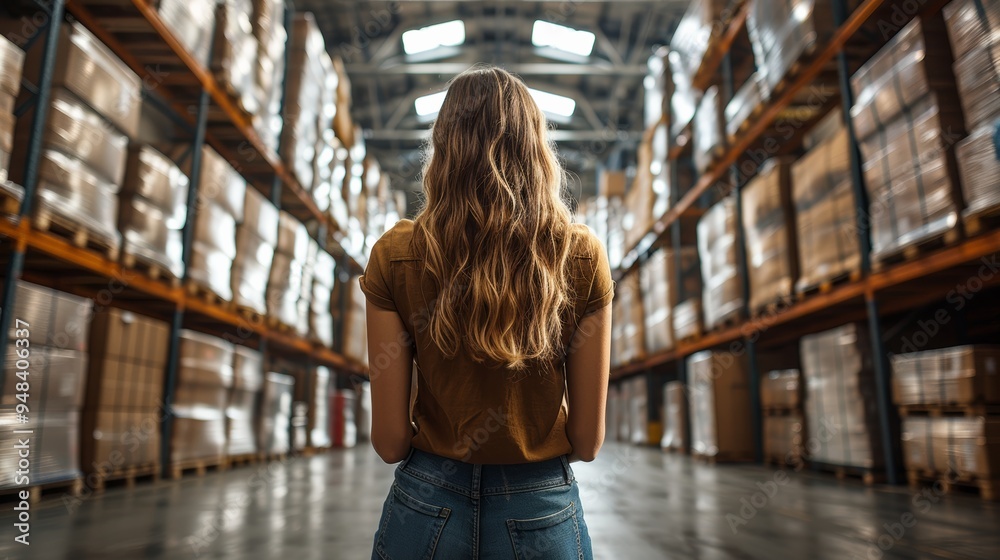 A woman stands in a large warehouse filled with neatly stacked pallets during the day, contemplating her next move in an organized environment A woman stands in a large warehouse filled with neatly stacked pallets during the day, contemplating her next move in an organized environment