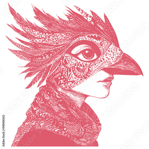 A stylized vector illustration of a human figure with a bird's mask in a decorative engraving style.