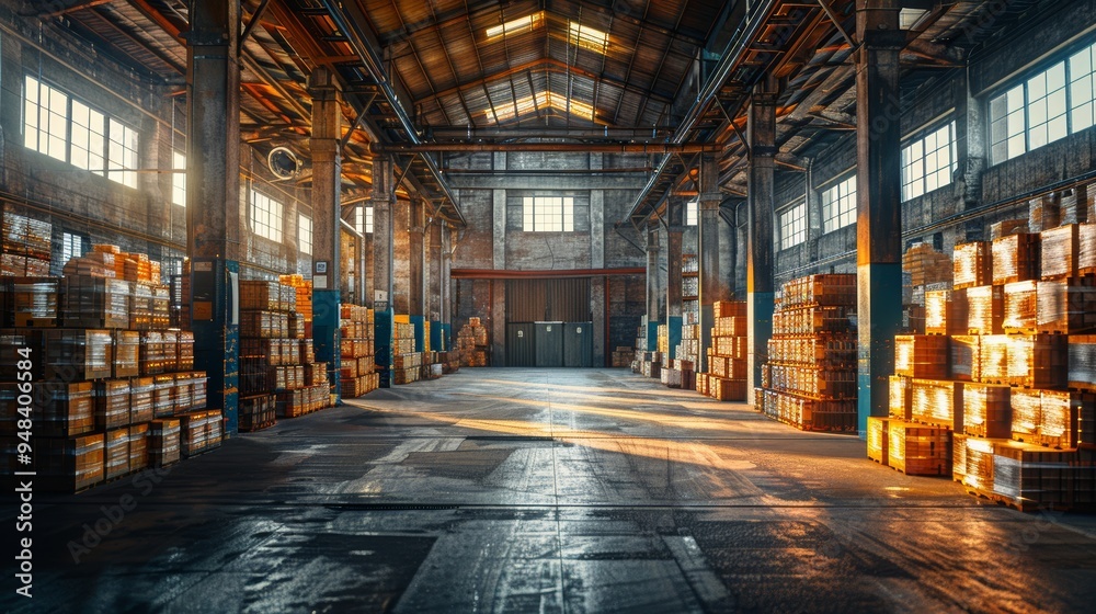 Fototapeta premium Interior view of a large warehouse filled with stacked crates and wooden barrels illuminated by warm sunlight during the afternoon