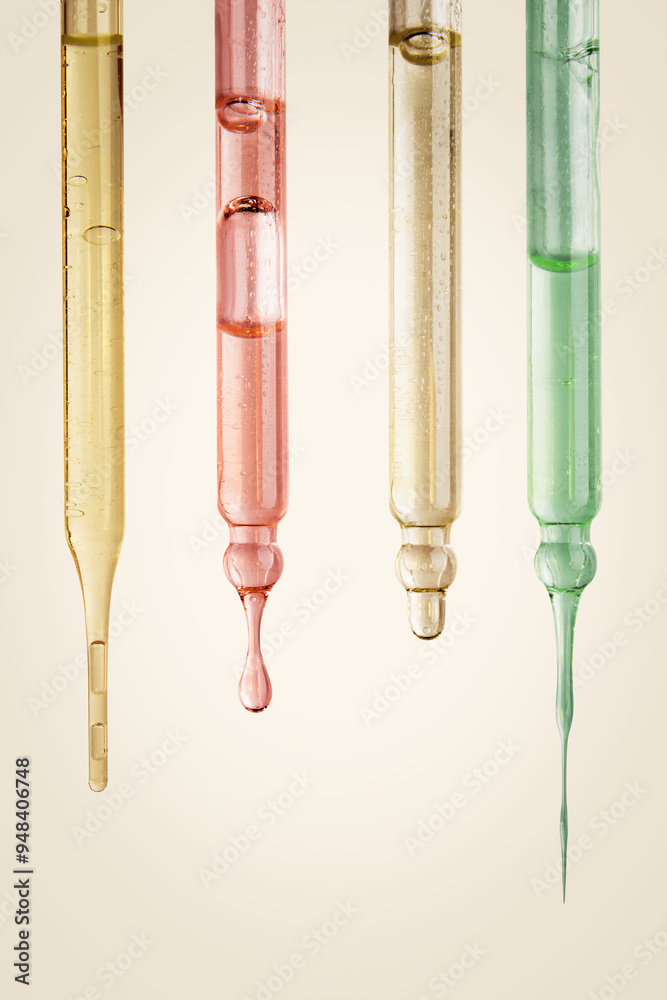 Set of Cosmetic pipettes with liquid dripping. On a yellow background. Natural cosmetics, gold, acids, extract, serum, serum. Set of Cosmetic pipettes with liquid dripping. On a yellow background. Natural cosmetics, gold, acids, extract, serum, serum.