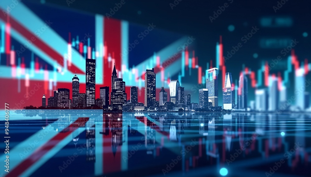 UK economic crisis. United Kingdom flag or Forex for analyzing profit finance business trend data (2)