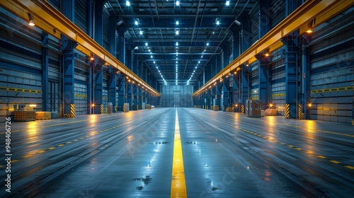 Spacious industrial warehouse with bright lighting and a clear path down the center during evening hours