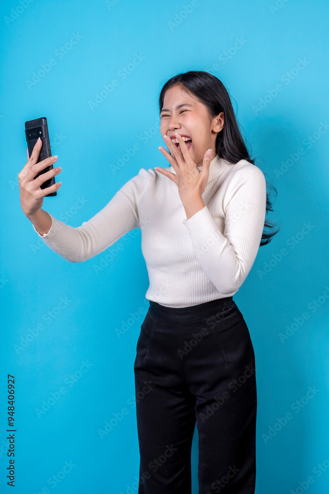 Women are doing various poses on a blue background. Women are doing various poses on a blue background.
