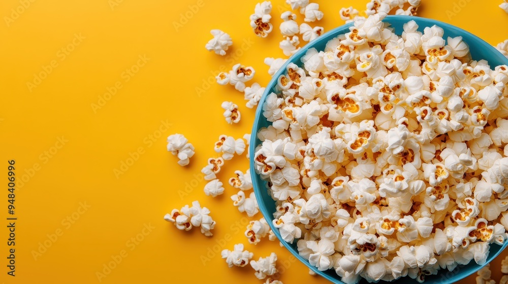 A blue bowl of popcorn is spilling on a yellow background, symbolizing the joyous and carefree moments associated with indulging in snacks, especially during movies. A blue bowl of popcorn is spilling on a yellow background, symbolizing the joyous and carefree moments associated with indulging in snacks, especially during movies.