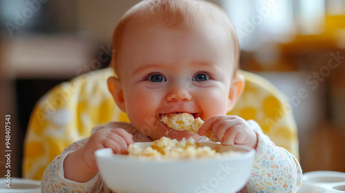 Happy infant baby eats itself