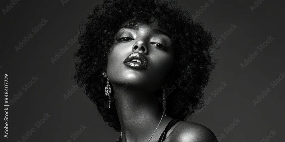 Fototapeta premium Portrait of a woman with curly hair posing confidently in black and white