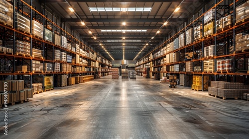 Spacious warehouse interior with organized shelving and ample lighting during daytime operations