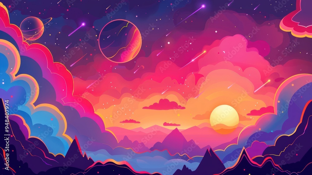 Dreamy Sunset with Shooting Stars and Planets Dreamy Sunset with Shooting Stars and Planets