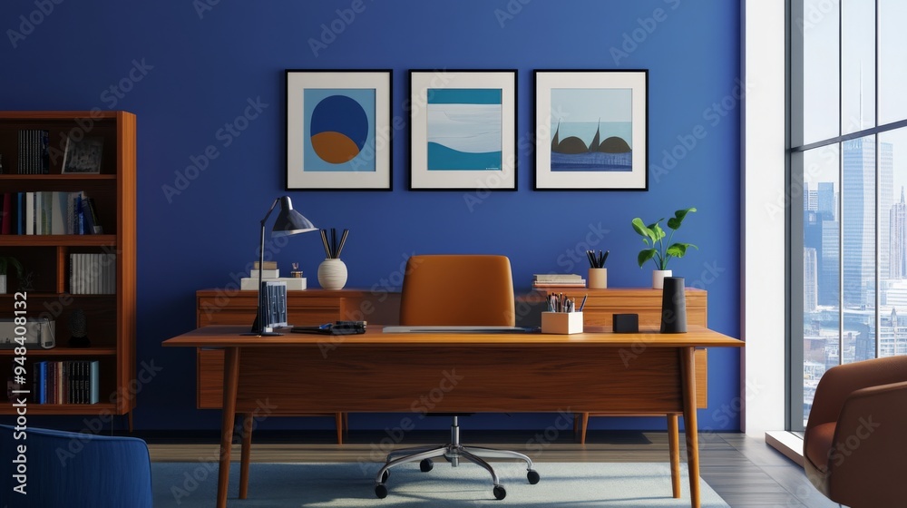 stylish home office with a large wooden desk stylish home office with a large wooden desk