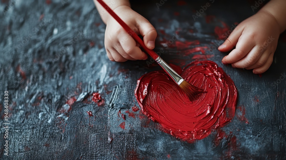 A child's hands are seen painting a red heart with a brush on a textured dark surface, symbolizing love and creativity. This heartwarming image captures a tender artistic moment. A child's hands are seen painting a red heart with a brush on a textured dark surface, symbolizing love and creativity. This heartwarming image captures a tender artistic moment.