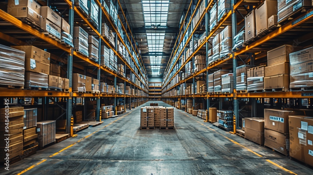 Fototapeta premium Spacious warehouse interior lined with stacked boxes and pallets during daytime
