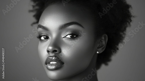 Portrait of a young woman with natural hair in black and white