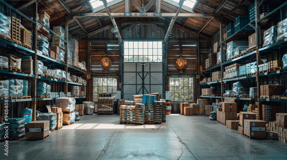 Spacious warehouse filled with stacked boxes and organized shelves during daytime in a rustic building Spacious warehouse filled with stacked boxes and organized shelves during daytime in a rustic building