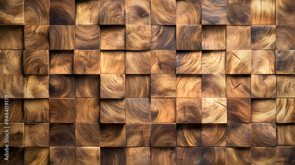 Obraz premium Wooden wall panel made of square blocks with intricate grain patterns.
