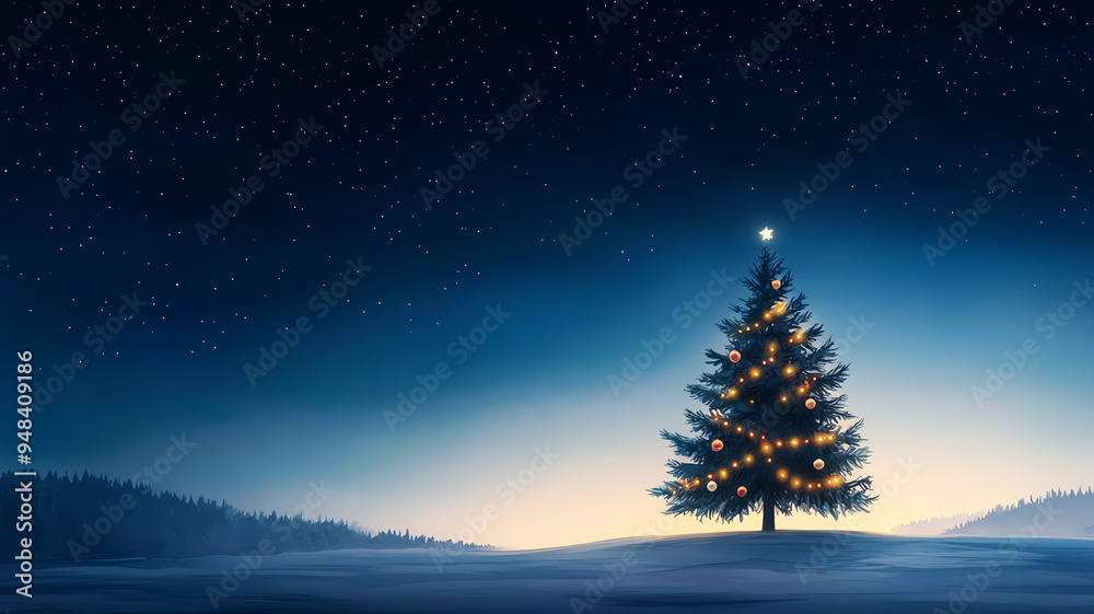 A serene watercolor night scene of an evergreen tree lit up with Christmas lights and ornaments, set against a star-filled sky