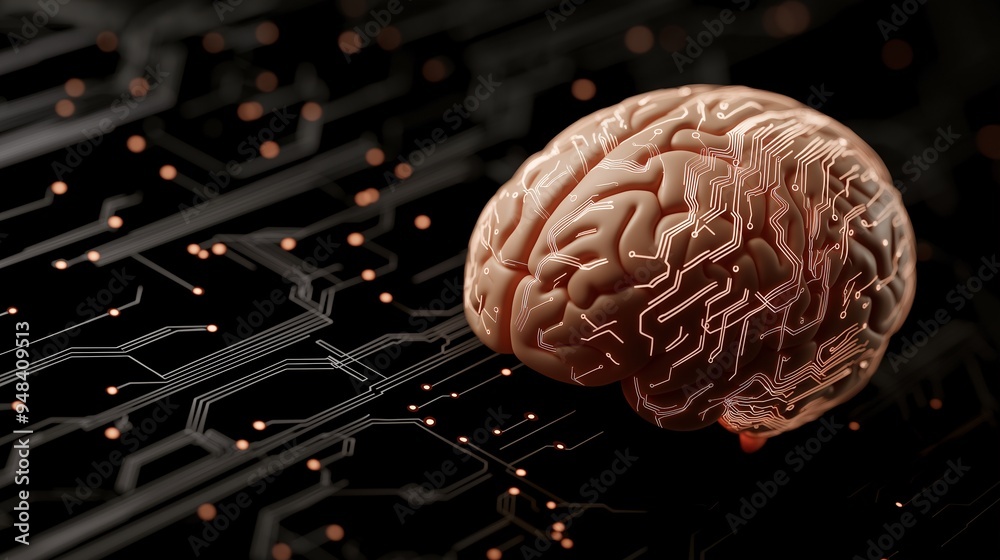 Brainpower in the Digital Age: A 3D rendering of the human brain rests on a circuit board, representing the intricate connection between human intellect and technology. Brainpower in the Digital Age: A 3D rendering of the human brain rests on a circuit board, representing the intricate connection between human intellect and technology.