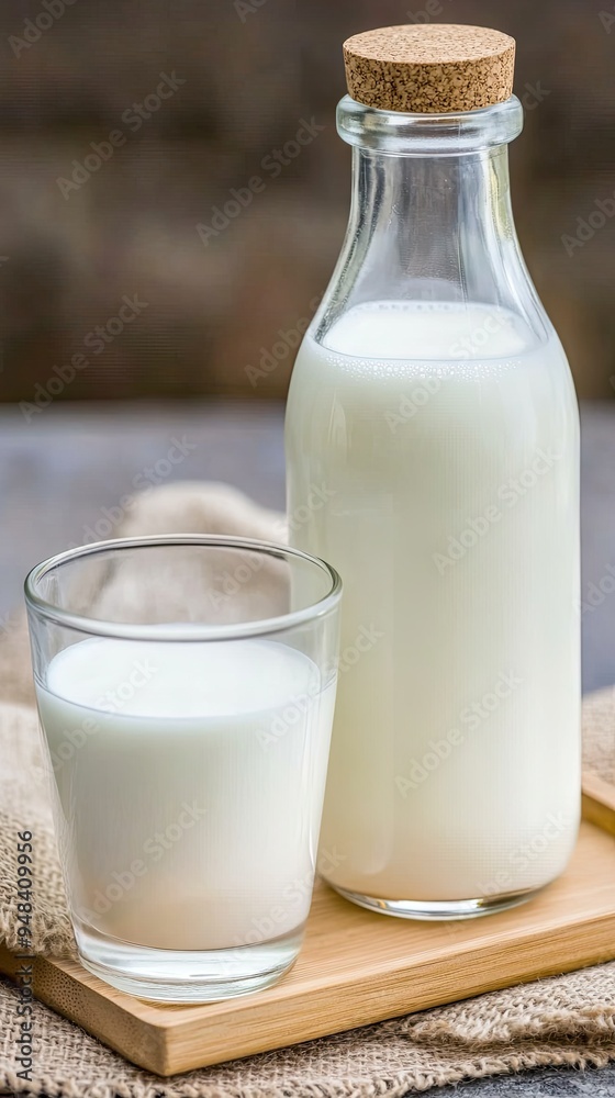 Two glass bottles filled with fresh milk and a small bowl of milk rest on a wooden board covered by a kitchen towel, creating a calm and inviting kitchen atmosphere Two glass bottles filled with fresh milk and a small bowl of milk rest on a wooden board covered by a kitchen towel, creating a calm and inviting kitchen atmosphere