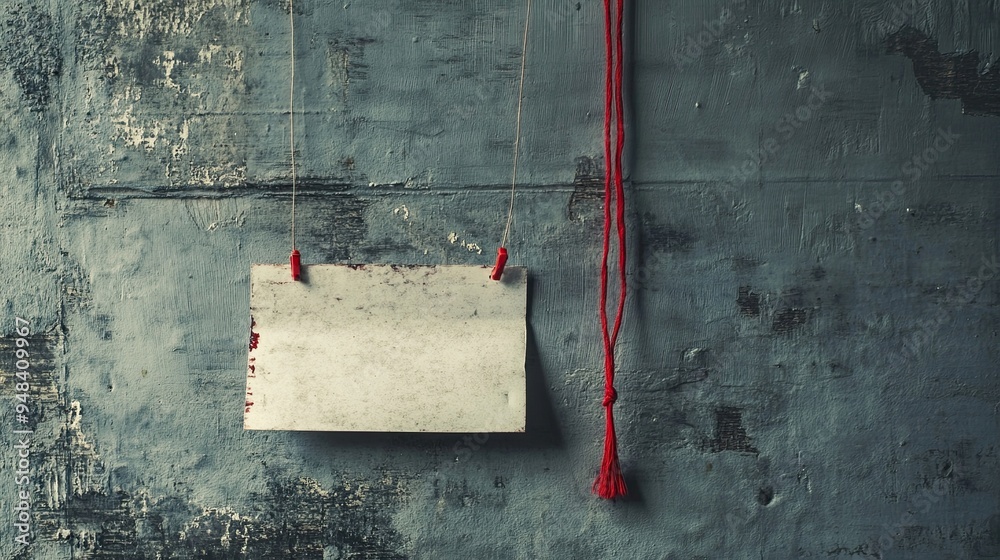 Red String Hanging from Top of Gray Wall, Attached to a Piece of Paper ...