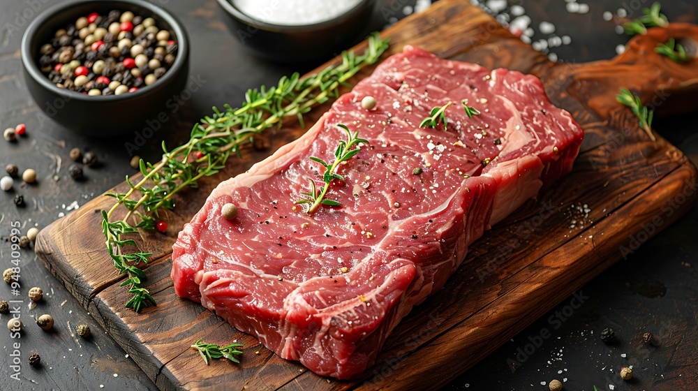 Overhead view of a raw T-bone steak on a rustic wooden board, with sprigs of fresh thyme, sea salt, and peppercorns scattered around, bright natural light from a window, vibrant colors, Overhead view of a raw T-bone steak on a rustic wooden board, with sprigs of fresh thyme, sea salt, and peppercorns scattered around, bright natural light from a window, vibrant colors,