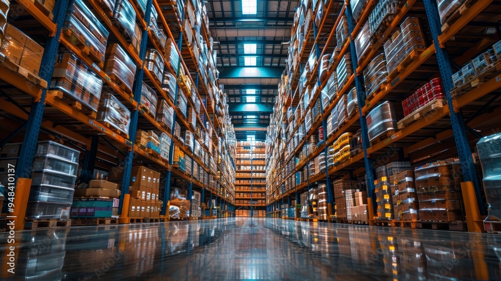 A well-organized warehouse filled with neatly stacked goods under bright overhead lights during daylight hours A well-organized warehouse filled with neatly stacked goods under bright overhead lights during daylight hours