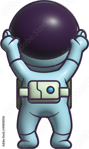 Cartoon astronaut seen from behind, wearing a light blue space suit and a dark purple helmet. He stands with both hands holding up his helmet.