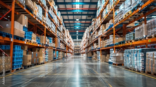 A large warehouse filled with neatly organized boxes and pallets, showcasing an efficient storage system in broad daylight