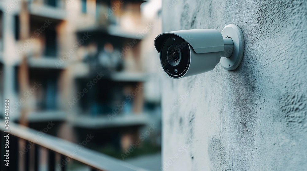 Urban Vigilance: A security camera mounted on a textured wall, diligently monitoring activity in a residential complex, emphasizes the importance of safety and protection in modern urban environments. Urban Vigilance: A security camera mounted on a textured wall, diligently monitoring activity in a residential complex, emphasizes the importance of safety and protection in modern urban environments.