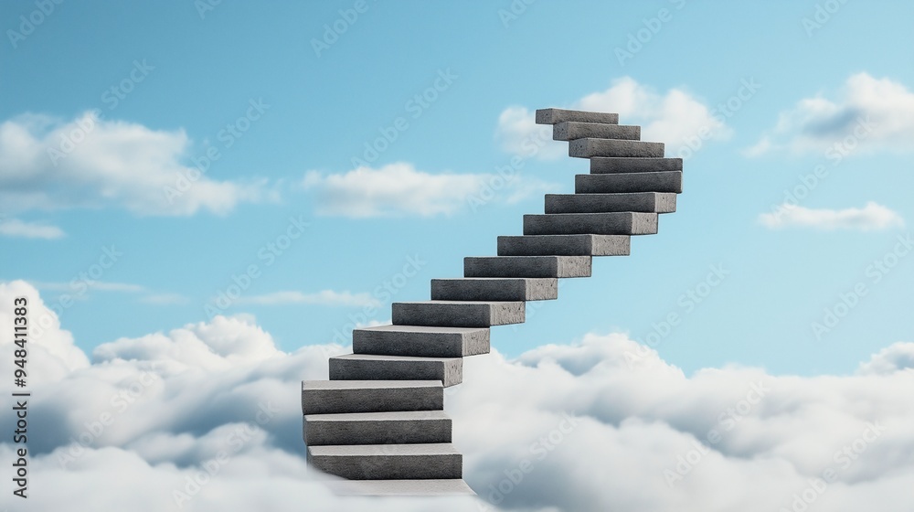 Stairway to Success: A concrete staircase rises through the clouds, symbolizing a path to growth, achievement, and limitless possibilities. The image evokes a sense of ambition, perseverance, and the Stairway to Success: A concrete staircase rises through the clouds, symbolizing a path to growth, achievement, and limitless possibilities. The image evokes a sense of ambition, perseverance, and the
