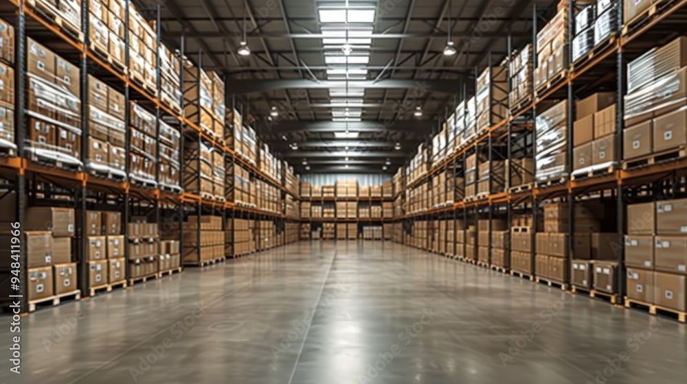 A spacious warehouse filled with neatly stacked boxes in organized rows during daylight hours A spacious warehouse filled with neatly stacked boxes in organized rows during daylight hours