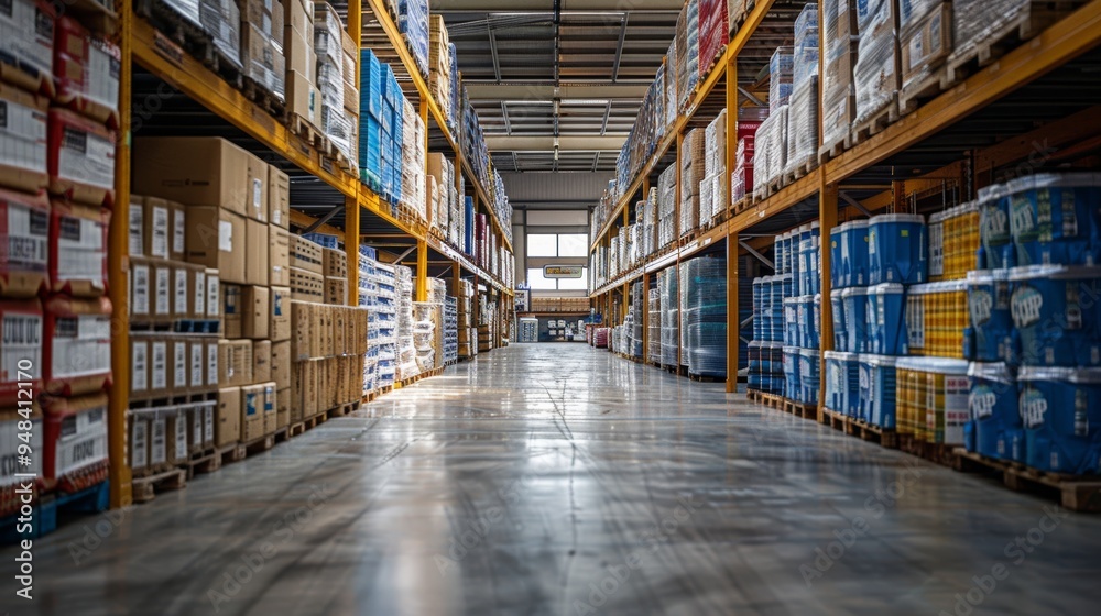 A spacious warehouse filled with neatly organized shelves stacked with various goods during daylight hours A spacious warehouse filled with neatly organized shelves stacked with various goods during daylight hours