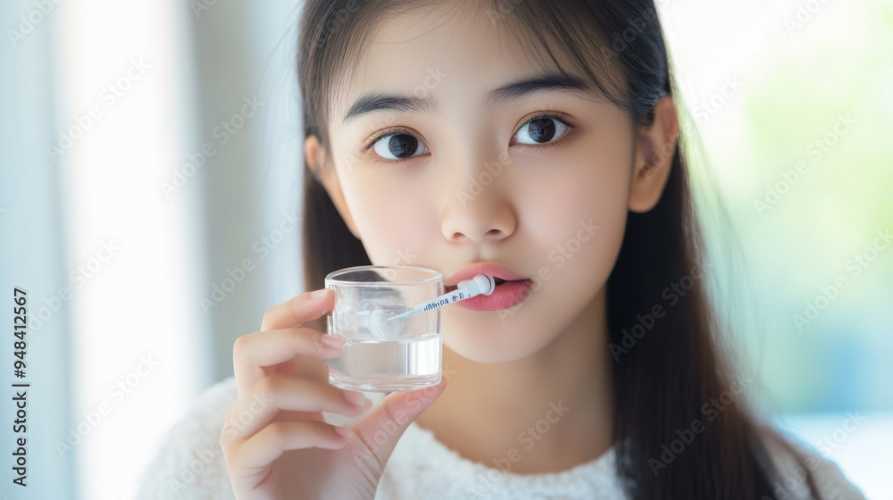 Asian girl with a thermometer in her mouth, holding a glass of water and preparing to take Asian girl with a thermometer in her mouth, holding a glass of water and preparing to take