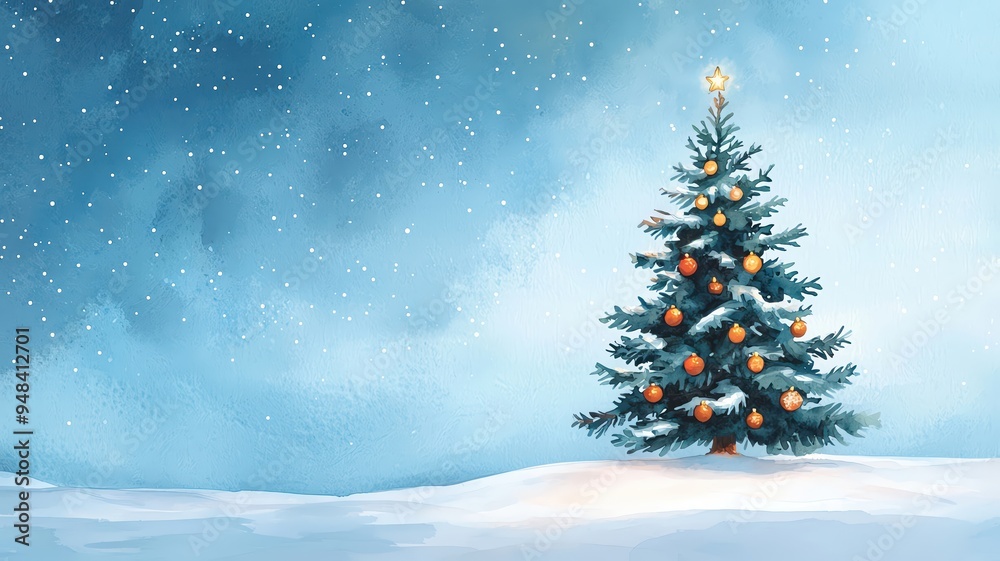 An enchanting watercolor scene of an evergreen tree lit up with ornaments, set against a starry Christmas night sky An enchanting watercolor scene of an evergreen tree lit up with ornaments, set against a starry Christmas night sky