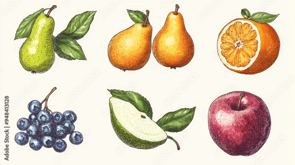 Collection of hand-drawn fruit illustrations: apples, pears, blueberries, and oranges. Collection of hand-drawn fruit illustrations: apples, pears, blueberries, and oranges.