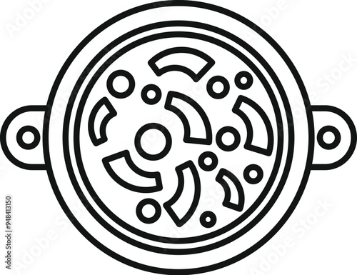 Simple black and white line art illustration of a paella pan with handles and food cooking inside