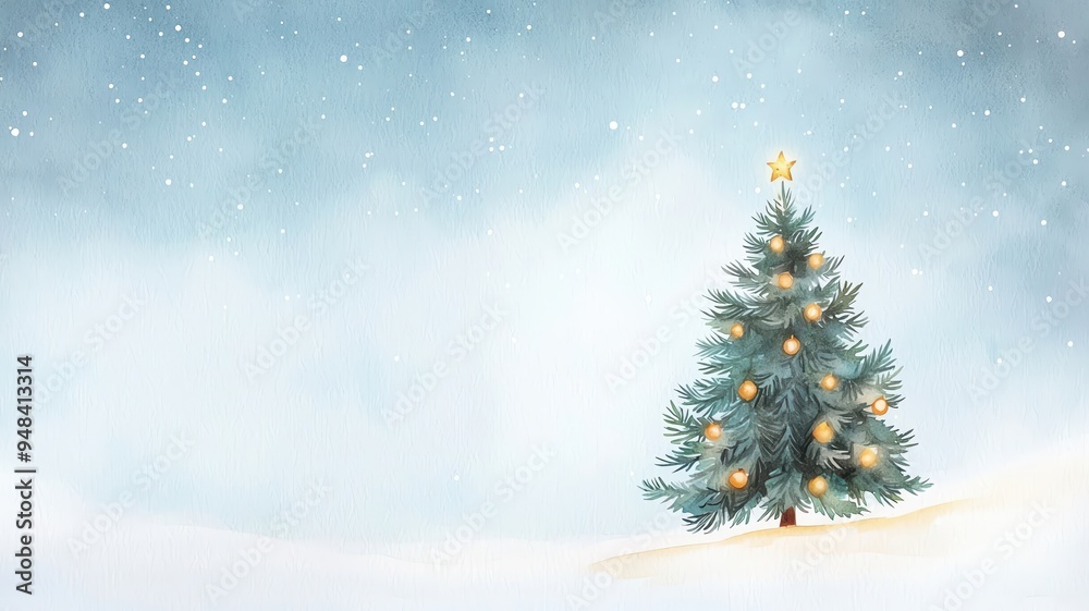 An enchanting watercolor scene of an evergreen tree lit up with ornaments, set against a starry Christmas night sky An enchanting watercolor scene of an evergreen tree lit up with ornaments, set against a starry Christmas night sky