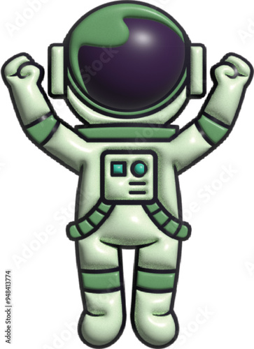 Cartoon astronaut in victory pose with both arms raised high, wearing green and white space suit and shiny dark helmet.