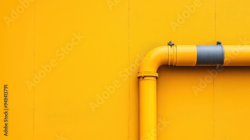 A curved yellow pipe, reinforced with gray tape, is mounted against a vibrant yellow wall, illustrating the harmony between color and form.