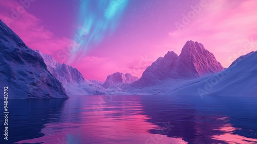 3D render of an abstract panoramic background featuring a seascape with cliffs under a pink blue night gradient sky showcasing a fantasy atmosphere with the Aurora Borealis