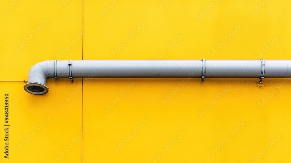 A straight, horizontal silver pipe runs along a bright yellow wall, creating a clean and modern aesthetic that emphasizes simplicity and structure. A straight, horizontal silver pipe runs along a bright yellow wall, creating a clean and modern aesthetic that emphasizes simplicity and structure.